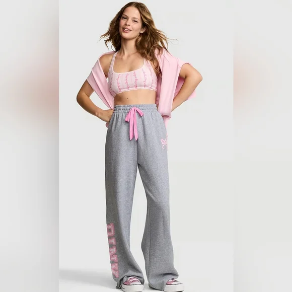LoveShackFancy Gray Wide Leg Sweatpants with Pink Accents - Picture 2 of 14